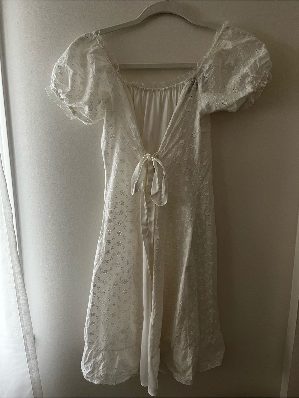 Ivory Eyelet Puff Sleeve Cotton Mini Dress with Tie Front babydoll regency